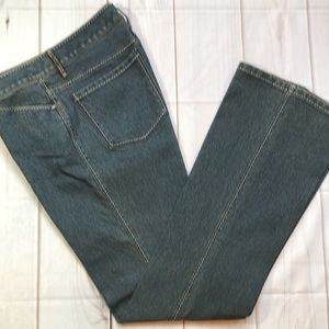 Vintage Elie Tahari Flared Denim Blue Jeans Faux Leather Trim Women’s 6 EUC